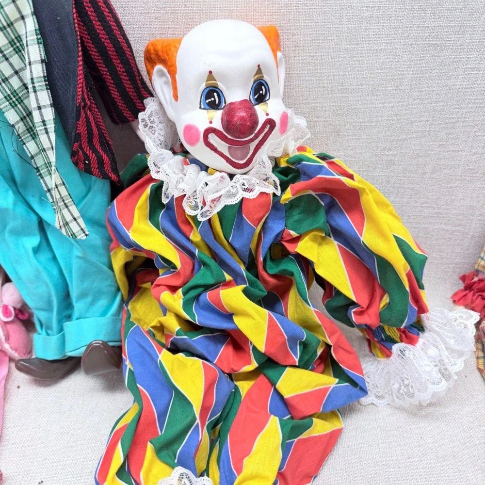 Vintage Clown Doll Lot of 4 Porcelain Ceramic Plastic Circus Decor Mid Century